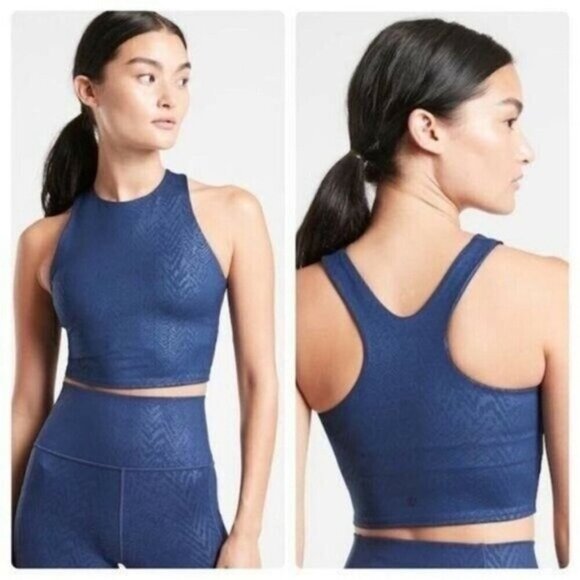 Athleta Conscious Crop Embossed Sports Bra Navy Blue Size Large - Picture 15 of 15